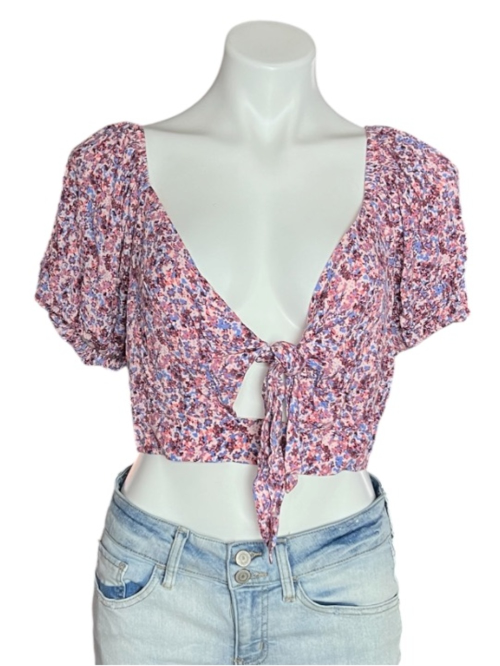Wild Fable Floral Tie Front Crop Top Puff Sleeve Cottagecore Pink Blue L